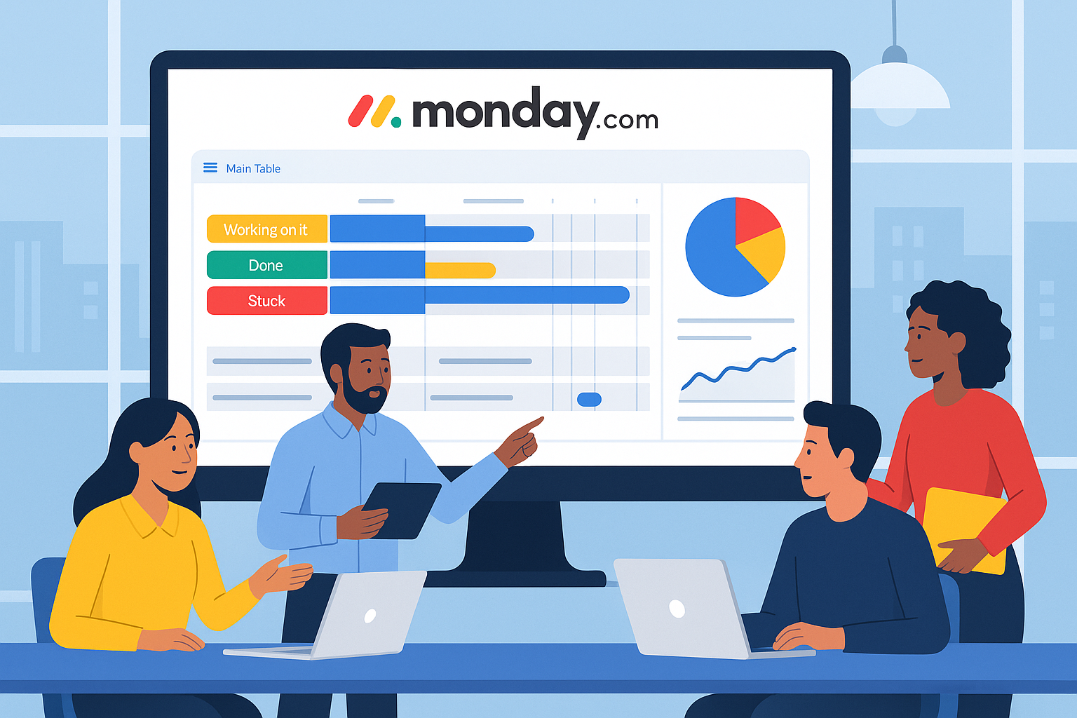 Team using monday.com dashboard to track project delivery